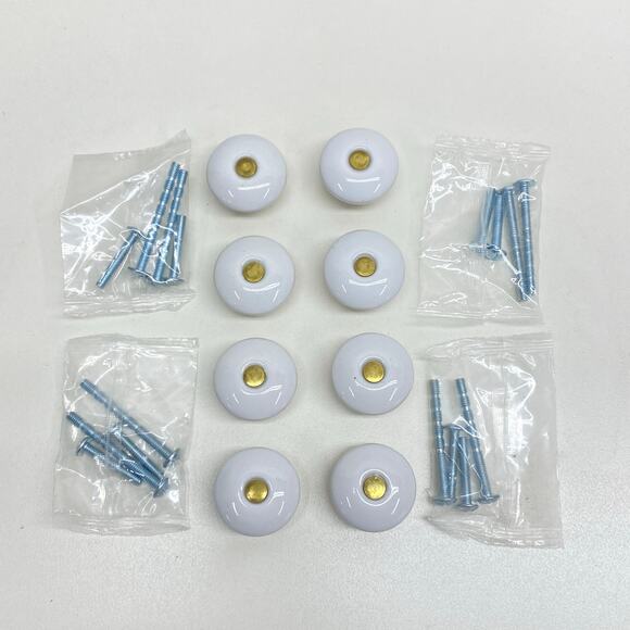 Vintage Lot of 8 White Porcelain & Gold Tone Cabinet Dresser Desk‎ Vanity Knobs - Picture 2 of 9